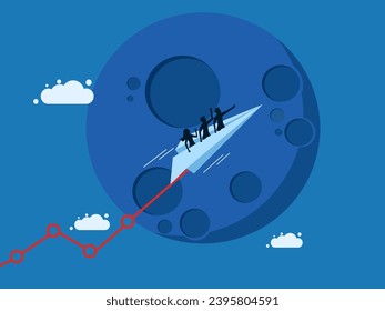 Profits soar into the sky. team of businessmen controls a paper airplane and flies a growth graph to the moon