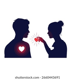A profound connection shared between two silhouettes offering a glowing heart symbol