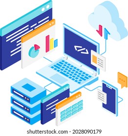 isométrica de programación, esta ilustración describe el trabajo de programación. estos elementos consisten en computadora, nube, terminal y teléfono móvil. este estilo de diseño es isométrico.