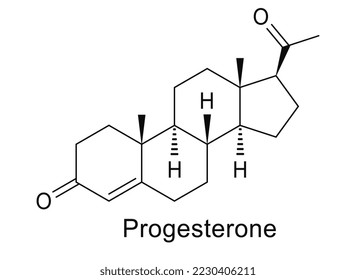 Estructura molécula de progesterona, fórmula química de hormona humana sobre fondo blanco