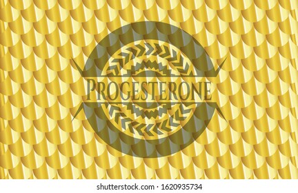 Progesterone shiny golden emblem. Scales pattern. Vector Illustration. Detailed.