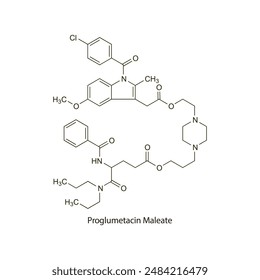 Proglumetacin flat skeletal molecular structure NSAID drug used in Pain treatment. Vector illustration scientific diagram.