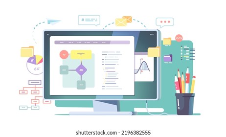 Program algorithm development on computer screen. Code design project planning flow chart on desktop. Software application programming, work communication process concept flat vector illustration