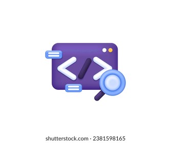 Program analysis. Search or script analysis. Popup window with magnifying glass symbol. Software or application. coding and programming. symbol or icon. Minimalist 3D concept design. vector elements