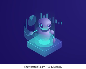 Program analyzing, ai robot, artificial intelligence automated process of data reporting, reading schedule, modern smart technologies in business isometric vector neon dark