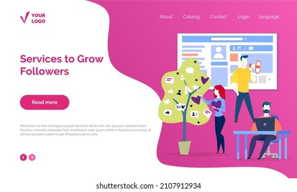 Program for audience analytics and likes boosting. Service to grow followers in account of social network. People caring tree with profile and users info. Marketing website landing page template