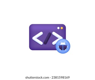 Program bugs or coding. Notification of a bug in the program. popup window with insect symbol. Software or application. coding and programming. symbol or icon. Minimalist 3D concept design. vector 