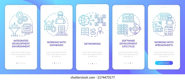 Program building skills blue gradient onboarding mobile app screen. Walkthrough 5 steps graphic instructions pages with linear concepts. UI, UX, GUI template. Myriad Pro-Bold, Regular fonts used