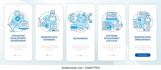 Program building skills blue onboarding mobile app screen. Walkthrough 5 steps graphic instructions pages with linear concepts. UI, UX, GUI template. Myriad Pro-Bold, Regular fonts used