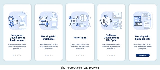 Program building skills light blue onboarding mobile app screen. Walkthrough 5 steps graphic instructions pages with linear concepts. UI, UX, GUI template. Myriad Pro-Bold, Regular fonts used