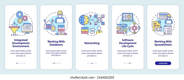 Program building skills onboarding mobile app screen. Walkthrough 5 steps graphic instructions pages with linear concepts. UI, UX, GUI template. Myriad Pro-Bold, Regular fonts used