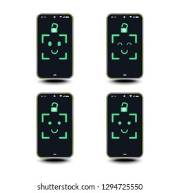 The program checks the accuracy password with the face. Scan through the face. Style Vector - illustration.