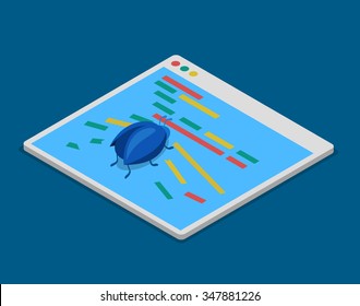Program code bug technology development programming coding flat 3d isometry isometric concept web infographics vector illustration. Bug crawl across screen crack lines. Creative technology collection