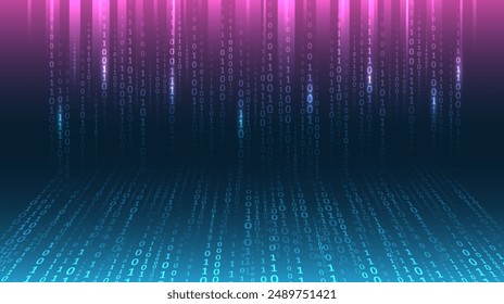Program code. Computer background of numbers. Flying data illustration. Analytics, sorting, structuring, transferring information. Blue background with data flow. Binary code, artificial intelligence.