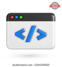 Program code development icon. Web coding or website programming concept. Web browser window or IDE application with program code. Realistic 3D vector illustration on a white background