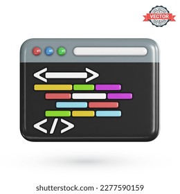 Program code development icon. Web coding or website programming concept. Web browser window or IDE application with a dark theme and source code displayed in it. Realistic 3D vector illustration