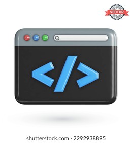 Program code development icon. Web coding or website programming concept. Web browser window or IDE application with a dark theme isolated on a white background. Realistic 3D vector illustration