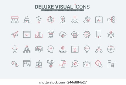 Program code development, software testing and application optimization line icons set. Programming and coding, network management, cloud thin black and red outline symbols, vector illustration