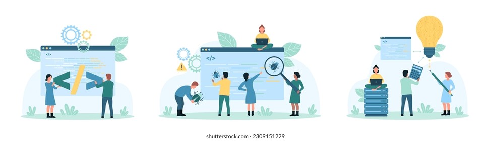 Program code development and test set vector illustration. Cartoon tiny people look through magnifying glass at bug and errors in software, programmers and testers develop quality of applications