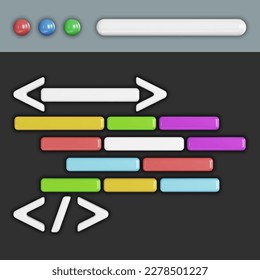 Program code development. Web coding or website programming concept. Web browser window or IDE application with a dark theme and source code displayed in it. Realistic 3D vector illustration
