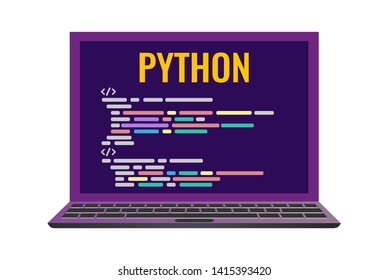 Program code icon in flat style. laptop with a code computer language python. Vector illustrathion isolated on white background.