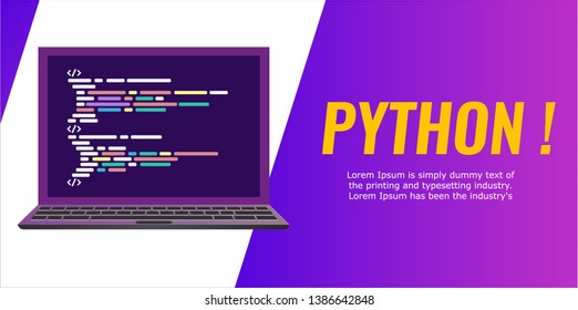 Program code on the laptop screen. Banner flat style. laptop with a code computer language python. Vector illustration 
