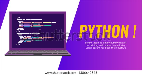 ノートパソコンの画面に表示されるプログラム コード バナーのフラットスタイル コードコンピュータ言語pythonを持つノートパソコン ベクターイラスト のベクター画像素材 ロイヤリティフリー