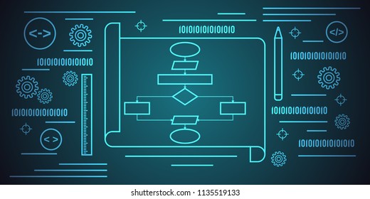 Program coding, application development, algorithm optimization thin line style vector concept illustration