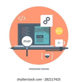 program coding, flat style, colorful, vector icon set for info graphics, websites, mobile and print media.