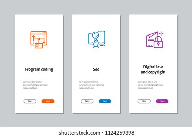 Program coding, Seo, Digital law and copyright onboarding screens with strong metaphors