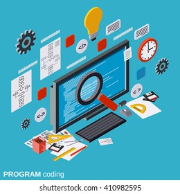 Program Coding, SEO Optimization, Application Development, Web Programming Flat Isometric Vector Concept