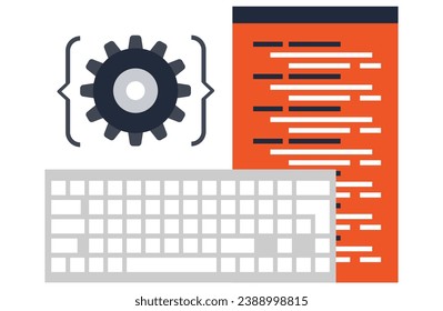 Program coding,Concept of computer programming or developing software or game. Vector illustration with coding symbols and programming windows. Concept of Information technologies and computer 