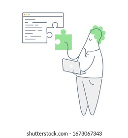 Program compilation, software development. Cartoon programmer assembles an app from parts, developer engaged in programming, program code in browser screen. Thin line compiler vector icon illustration