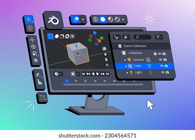 Program for creating 3d Graphics. Toolbar Panels. Creating a 3D cube model in the editor is displayed on a computer monitor. Fake 3d vector illustration 