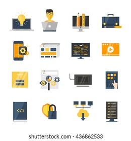 Program development flat icon set with descriptions of all elements of work on computers and tablet vector illustration