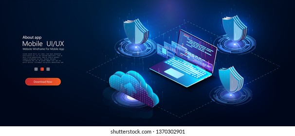 Program development and programming isometric icon, database, cloud computing,laptop Connection concept. Big data digital background.Network digital technology concept.Big data flow processing concept