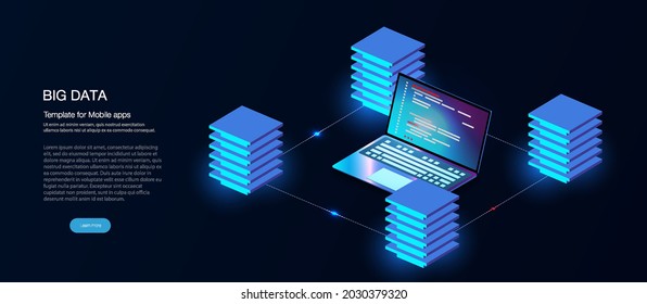 Program development and programming isometric icon, database, cloud computing,laptop Connection concept. Big data digital background.Network digital technology concept.Big data flow processing concept