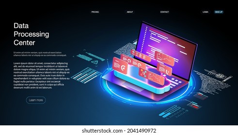Program development and programming isometric icon, database, cloud computing,laptop Connection concept. Big data digital background.Network digital technology concept.Big data flow processing concept