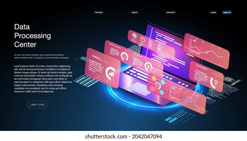 Program development and programming isometric icon, database, cloud computing,laptop Connection concept. Big data digital background.Network digital technology concept.Big data flow processing concept