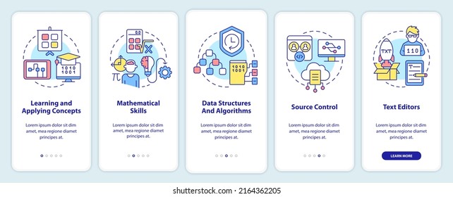 Program development skills onboarding mobile app screen. Walkthrough 5 steps graphic instructions pages with linear concepts. UI, UX, GUI template. Myriad Pro-Bold, Regular fonts used