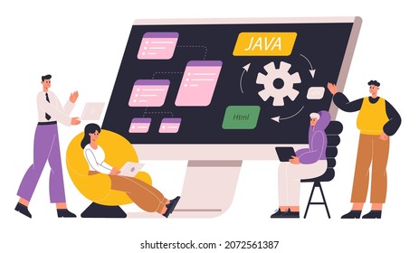 Program development, software engineering and game design concept. Javascript programmers and script writers vector flat illustration. Software development project team. System application desktop