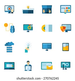 Program development webpage code optimization flat icons set isolated vector illustration