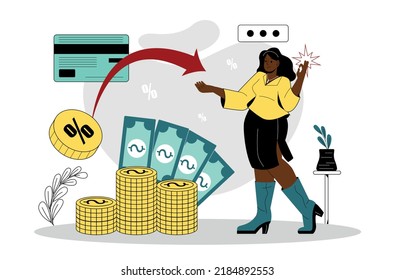 Rabattprogramm. Bonusse, Sonderangebote, Karten, Coupons zu günstigen Preisen und Vorteile für den Verbraucher. Fröhliches Mädchen, das in der Nähe von Münzen und Banknoten steht. Für Banner. Cartoon-Flavektor-Vektorgrafik