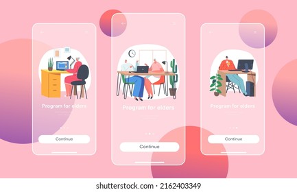 Program for Elders Mobile App Page Onboard Screen Template. Senior People Using Gadgets and Smart Devices. Aged Male and Female Old Characters Chat on Laptop. Concept. Cartoon Vector Illustration