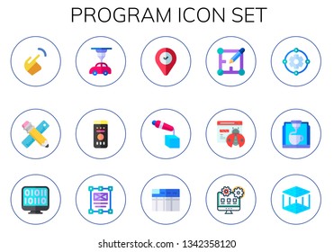 program icon set. 15 flat program icons.  Collection Of - pointing, design, d printer, remote control, point, layout, bug, binary code, data table, development