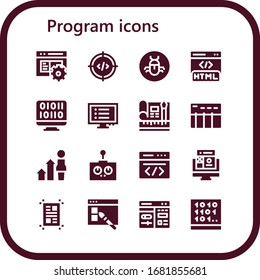 program icon set. 16 filled program icons.  Simple modern icons such as: Code, Bug, Html, Binary code, Program, Web design, Data table, Development, Remote control, Coding, Layout