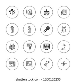 Program icon set. collection of 16 outline program icons with bug, binary code, development, layout, graphic designer, remote control, typography icons.