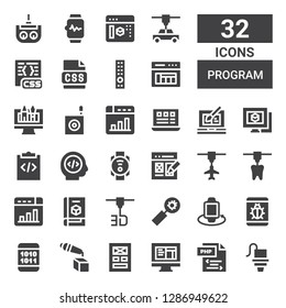 program icon set. Collection of 32 filled program icons included d printer, Php, Html, Layout, Binary code, Bug, Smartwatch, Develop, Web design, Programmer, Programming, d modeling