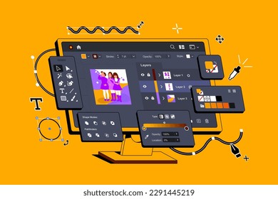 Program for Illustrators. Application for creating and drawing Vector Illustrations. Graphic editor for designers. Digital art software. Interface for artists. Neobrutalism concept. Vector illustratio
