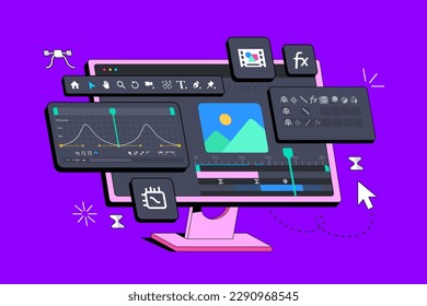 Program interface for Motion Designer. Working with Video and Animation. App for Designers. Video clip editing. Neobrutalism concept. Vector illustration in brutal style with long shadow. Creating vfx